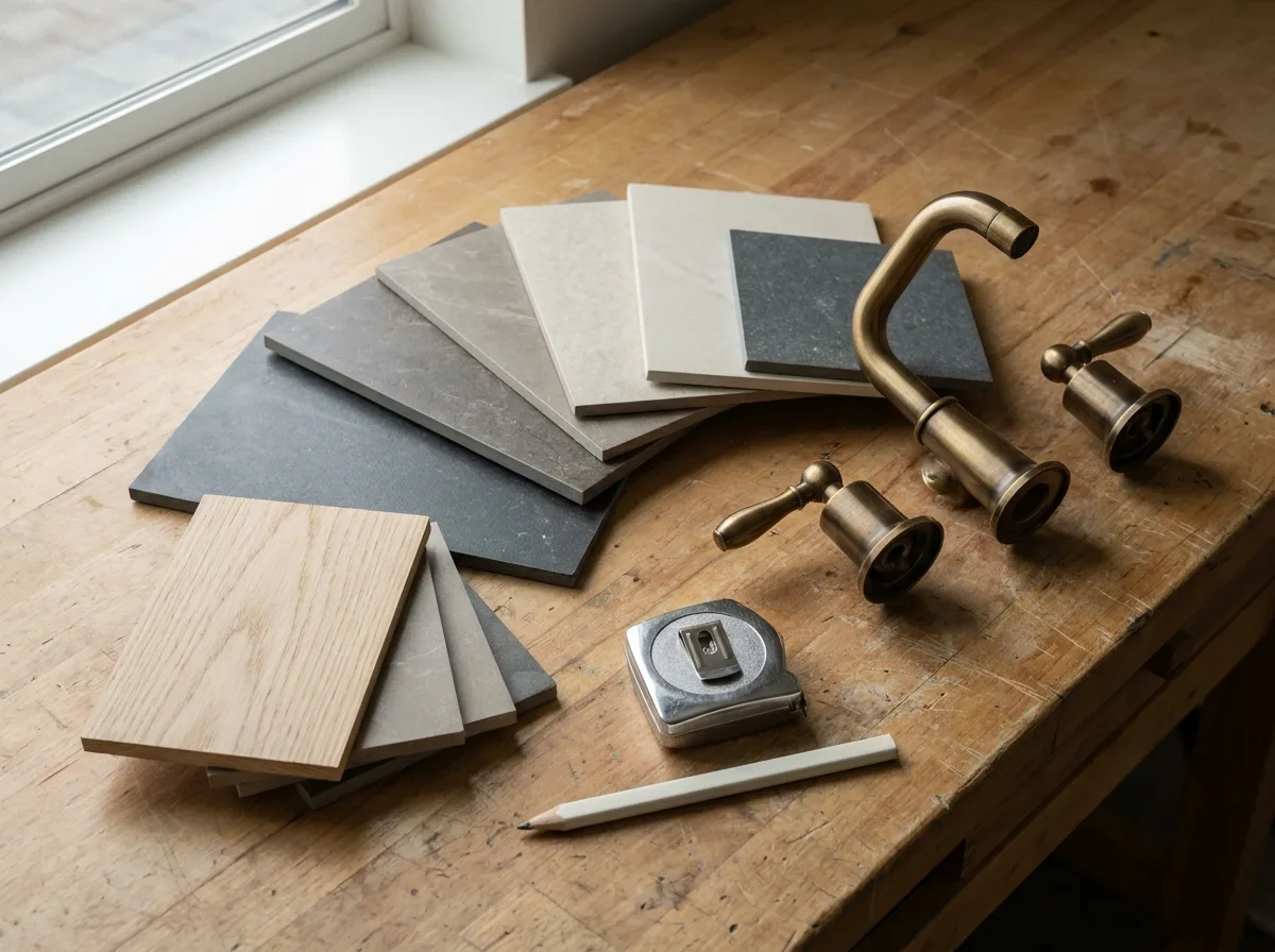 Bathroom renovation materials laid out on a workbench — fanned stone and porcelain tile samples, oak veneer boards, aged brass tapware, a tape measure and a pencil
