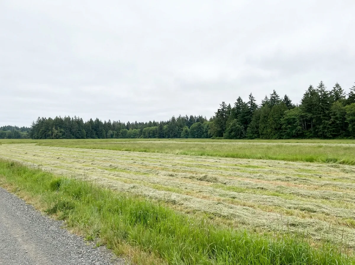 A flat hay field mown into long rows beside a gravel road, backed by a dark conifer treeline under a pale overcast sky