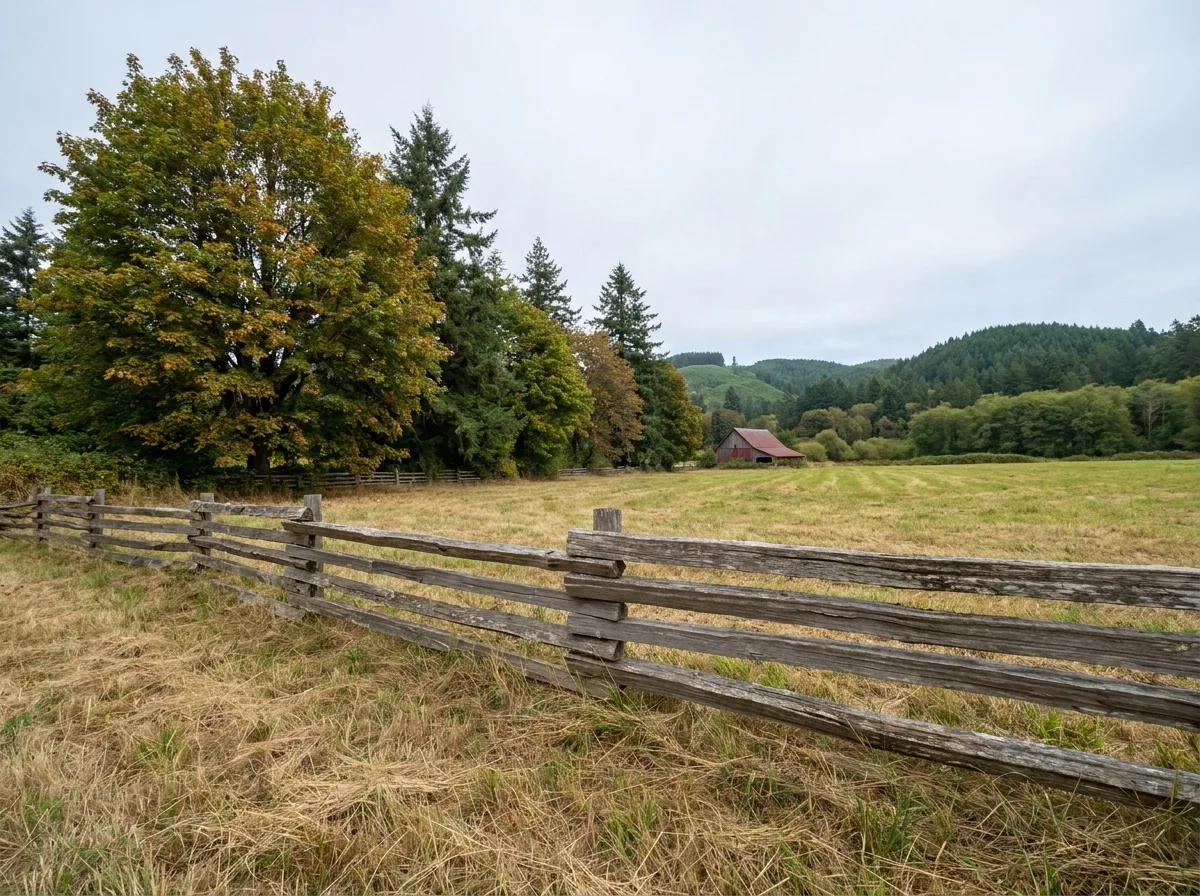 Rolling inland farmland with a mown hayfield, a weathered cedar rail fence and second-growth conifers along the field edge