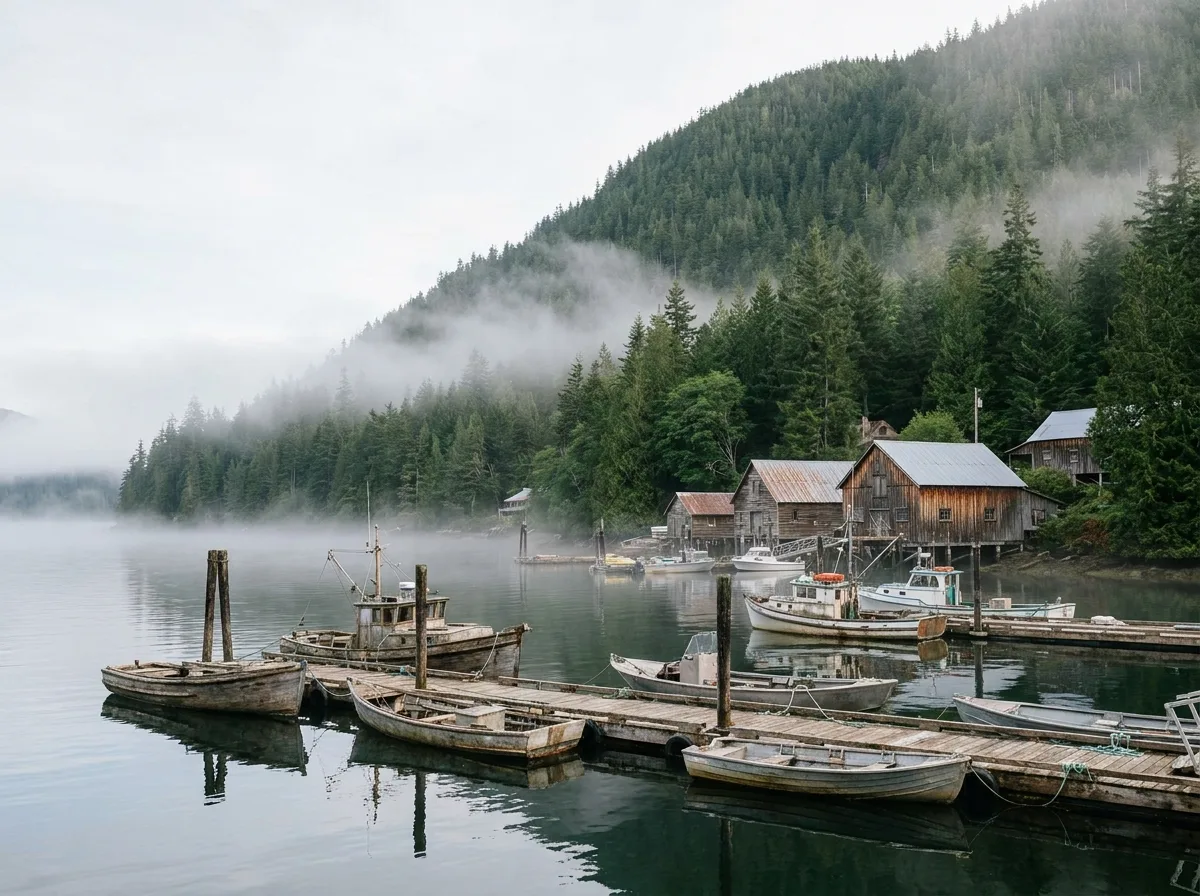 A small working harbour with wooden floating docks and moored boats below a steep forested hillside