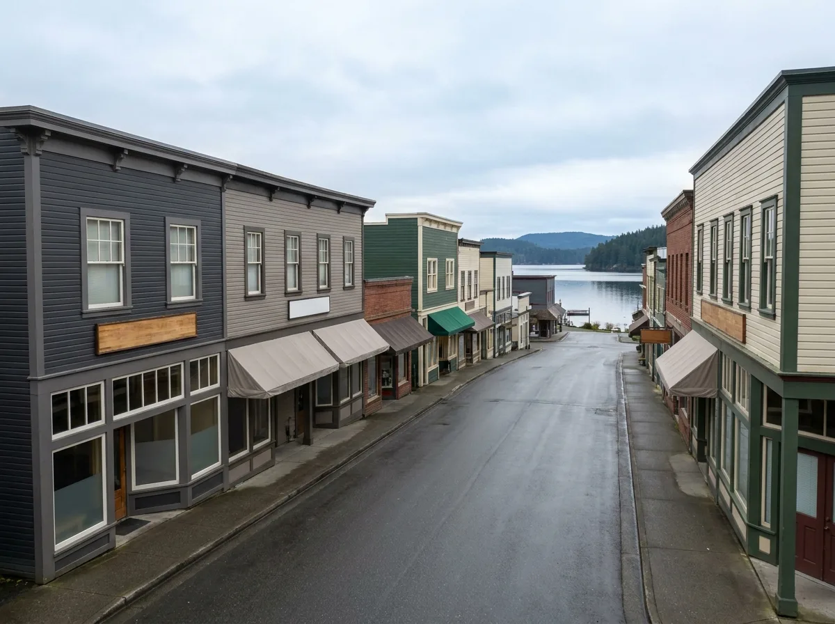 A heritage main street of two-storey wooden storefronts sloping downhill toward a harbour and forested hills