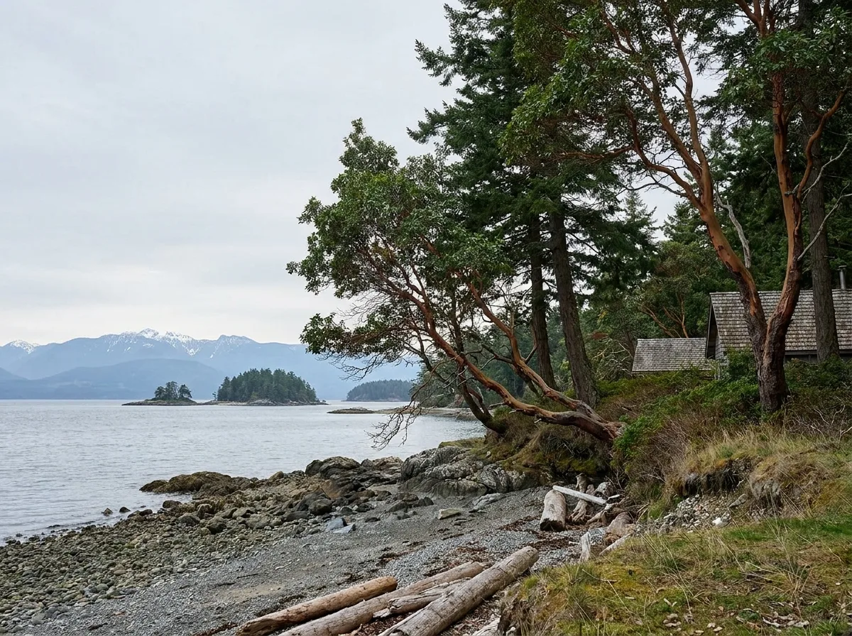 A quiet rural shoreline at low tide with a pebble beach, arbutus trees leaning over the water and small islands offshore