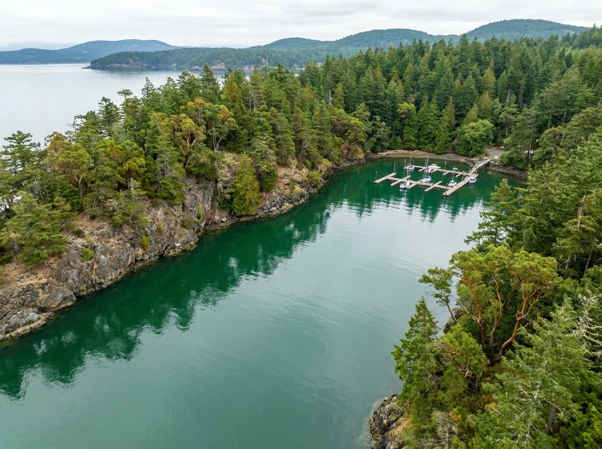 A sheltered bay on a forested peninsula with rocky arbutus-covered bluffs and a small marina on the far shore