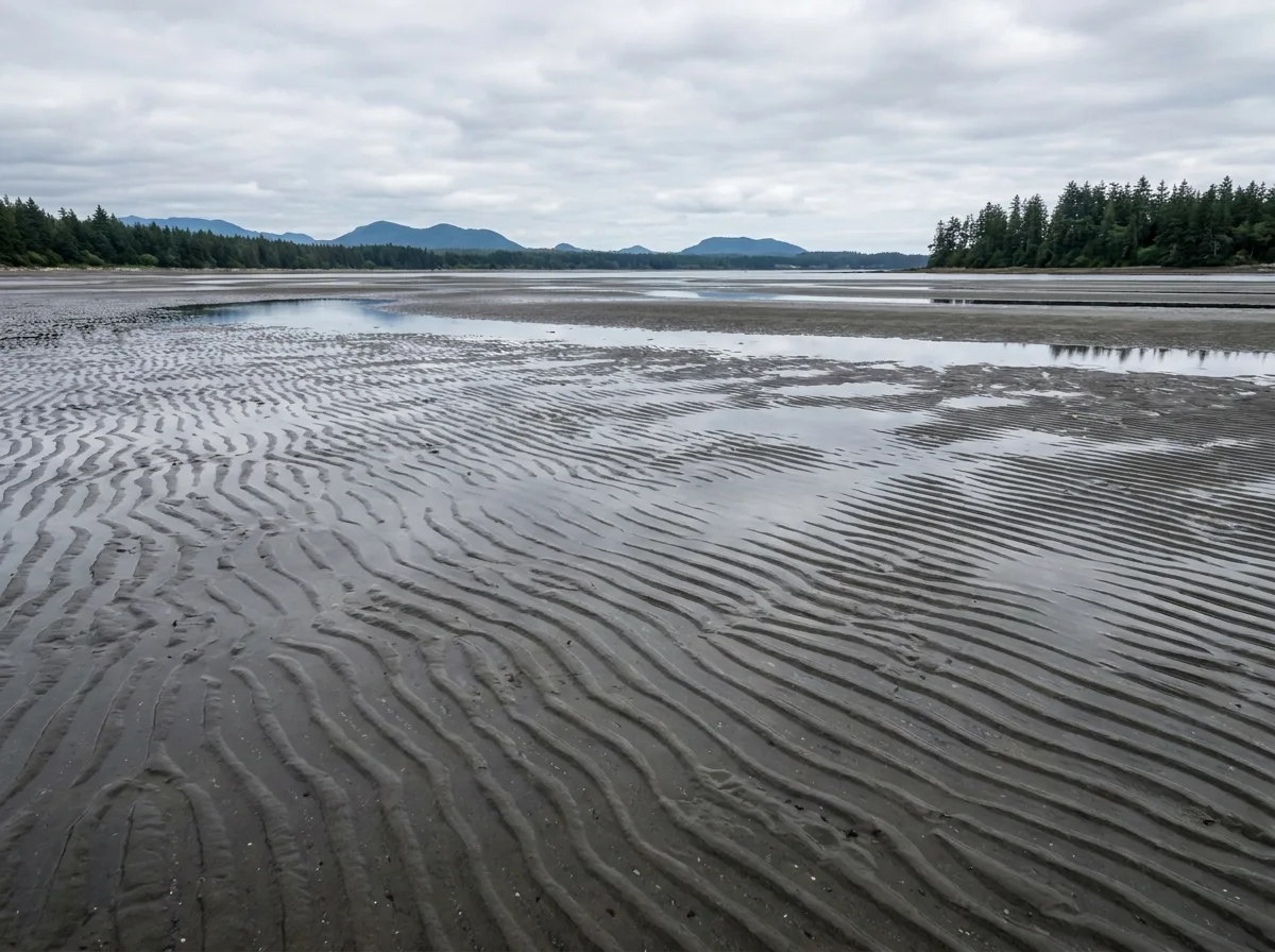 Wide tidal sand flats at low tide, the rippled wet sand holding sheets of reflected sky, with a distant treed shoreline and low mountains