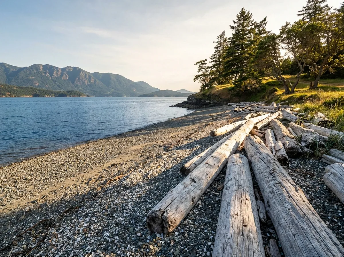A pebble and shell beach with large weathered driftwood logs along the high tide line, calm water and mountains across the strait