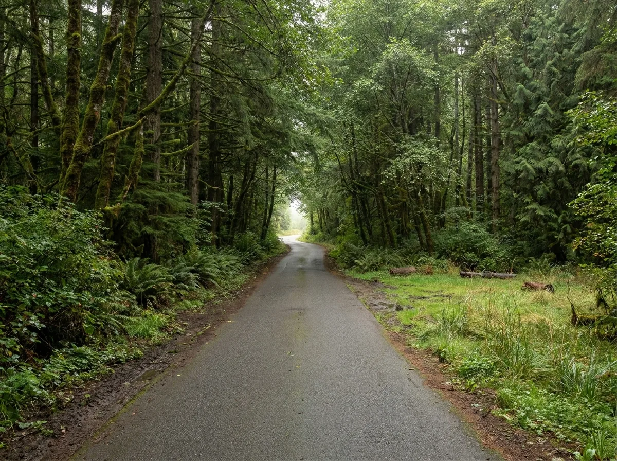 A narrow two-lane country road running between dense second-growth fir and alder under soft overcast light