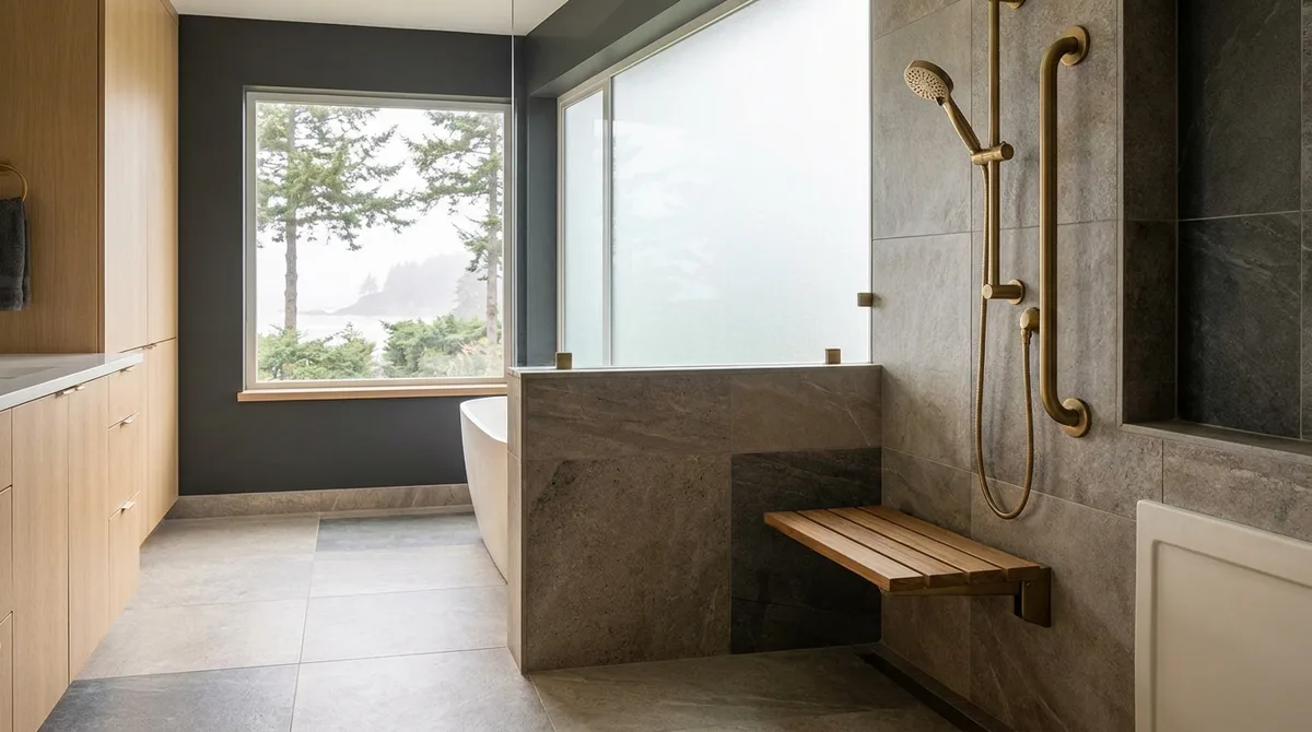 A curbless tiled shower with a folding teak seat, handheld shower on a rail and a horizontal grab rail