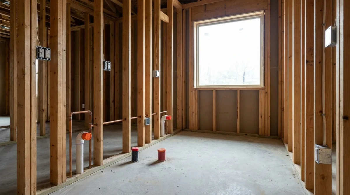 A bathroom stripped to studs and subfloor with new framing and blocking in place