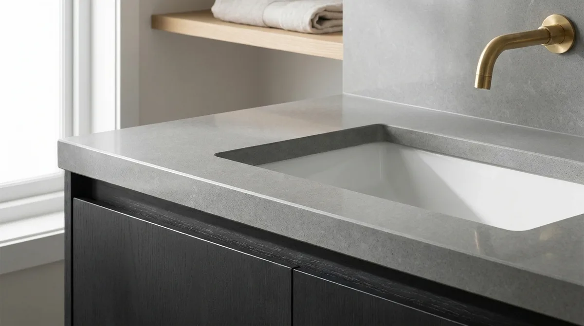 A honed quartz vanity top with an undermount basin and a wall-mounted brass faucet
