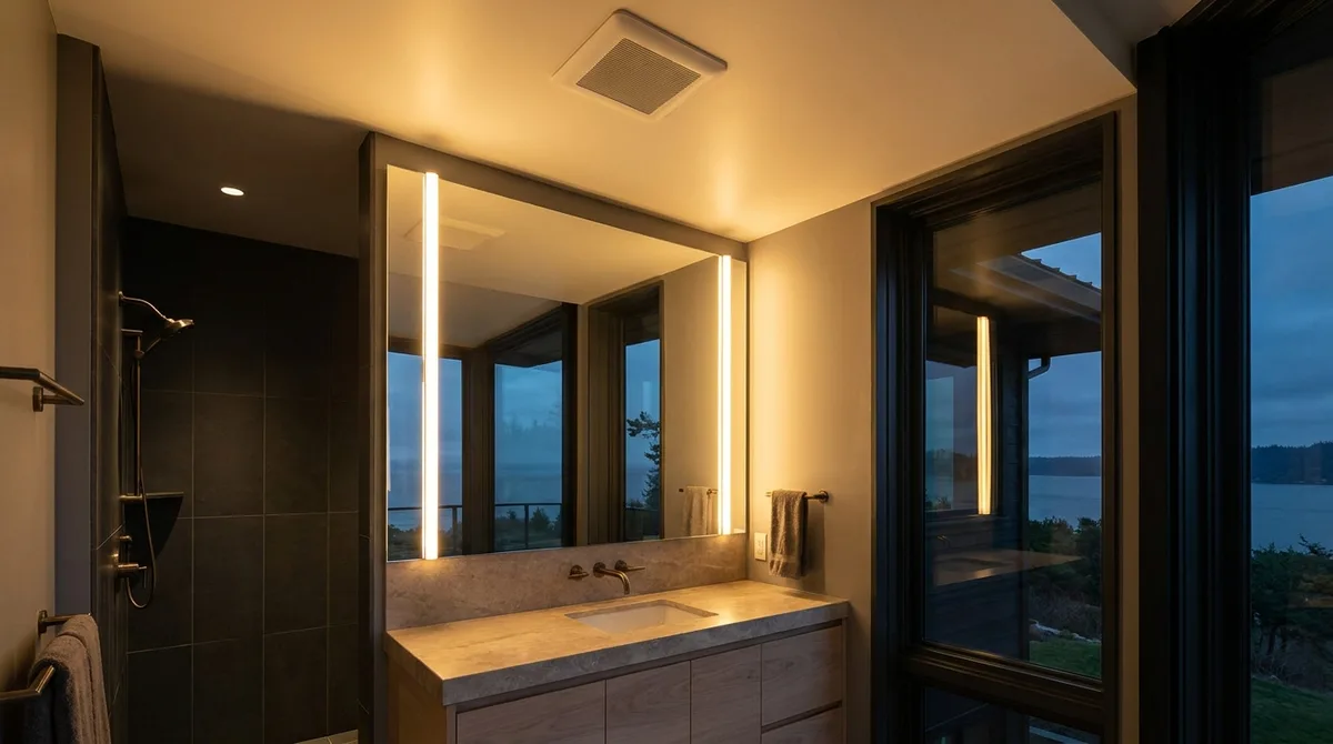 A backlit bathroom mirror with vertical sconces either side and a recessed ceiling fan above