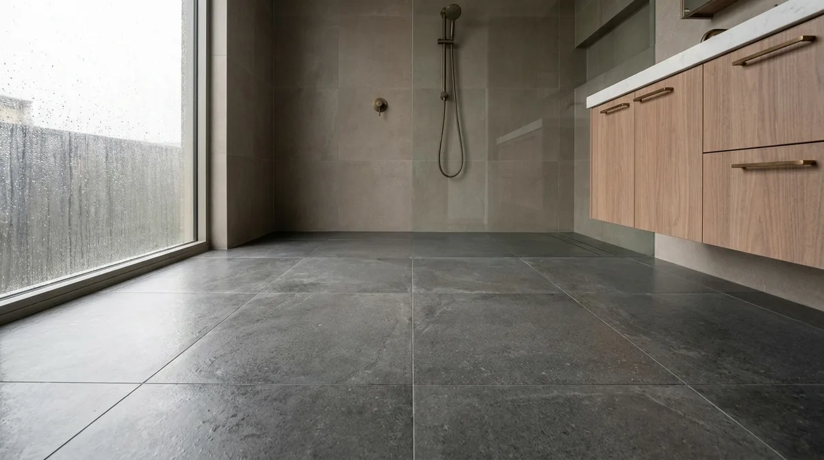 Large format porcelain floor tile being laid over an electric underfloor heating mat