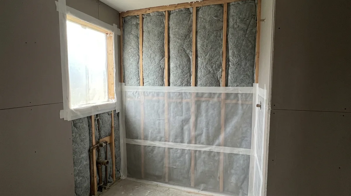 An open bathroom stud wall with batt insulation and a taped polyethylene vapour barrier, with copper supply pipes stubbed out beside a window