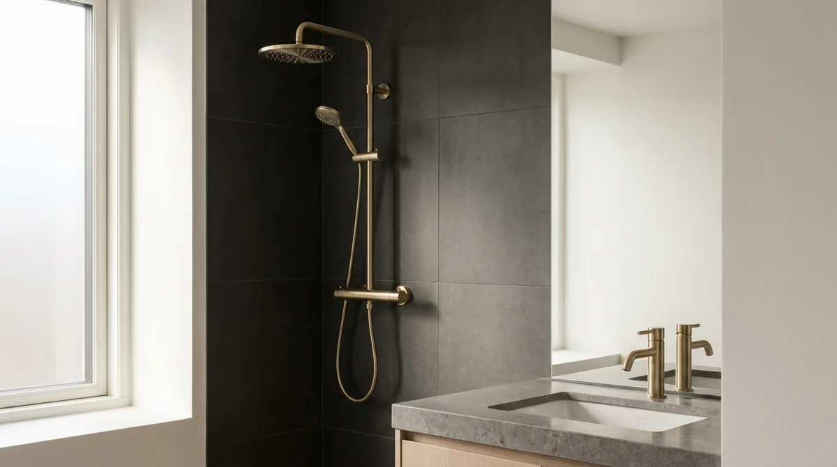 Copper and PEX supply lines roughed into an open stud wall with a shower valve set to height