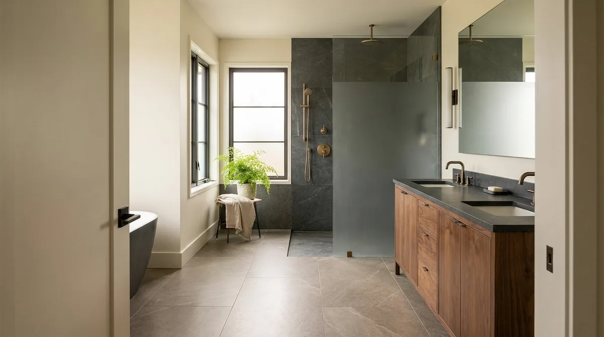 A renovated bathroom with a dark stone-tiled walk-in shower behind a frameless glass panel, a floating oak vanity and aged brass fixtures