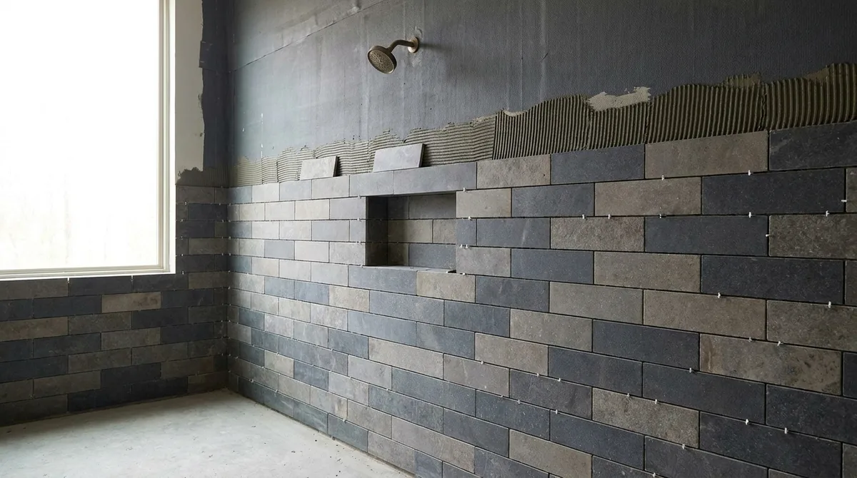 Large format wall tile being set over a waterproofed shower wall with a framed niche