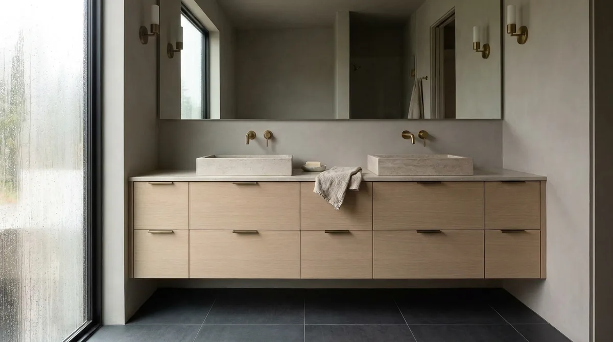 A floating oak vanity with two drawers and an undermount basin beneath a backlit mirror
