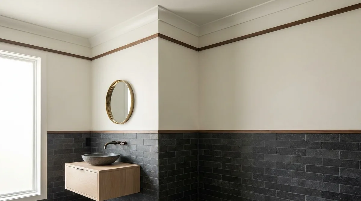 A bathroom wall with fresh drywall, taped joints and painted trim beside a framed mirror