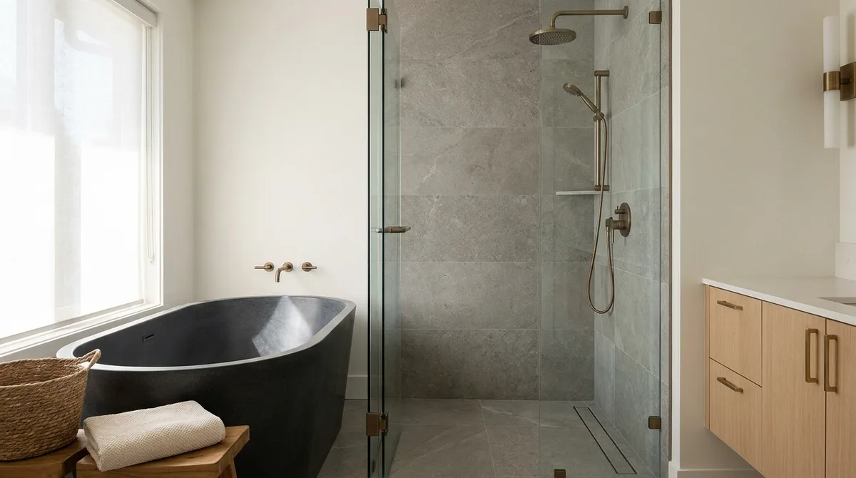 A tiled walk-in shower with a frameless glass panel, linear drain and a recessed niche