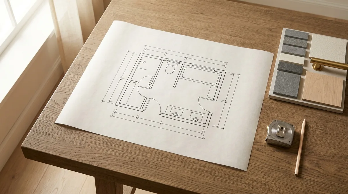 A dimensioned bathroom floor plan drawn on paper on an oak table, beside a tray of stone and tile samples, a brass bar handle, a tape measure and a pencil